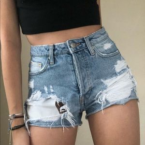 Pull & Bear Distressed Light Wash Denim Shorts